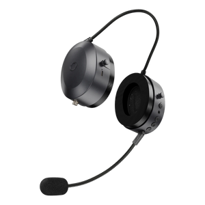 QHR Headset, side view with the control cup forward and boom mic lowered