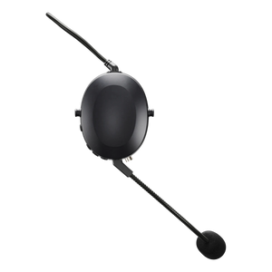 QHR Headset, from above at an angle, one ear cup face and boom mic