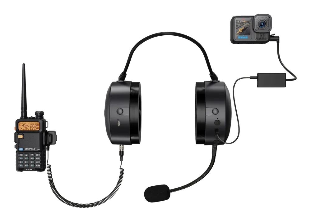 QHR Headset with one radio and an action camera
