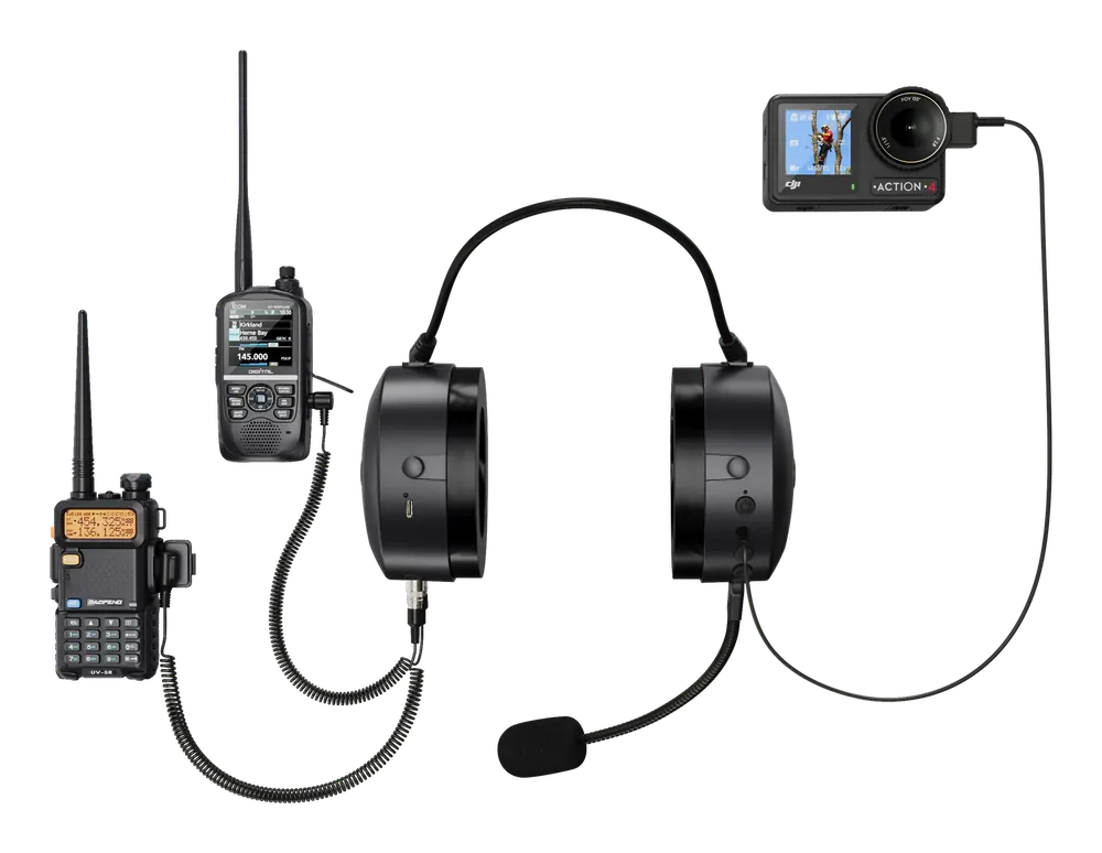 QHR Headset Pro with two radios and an action camera