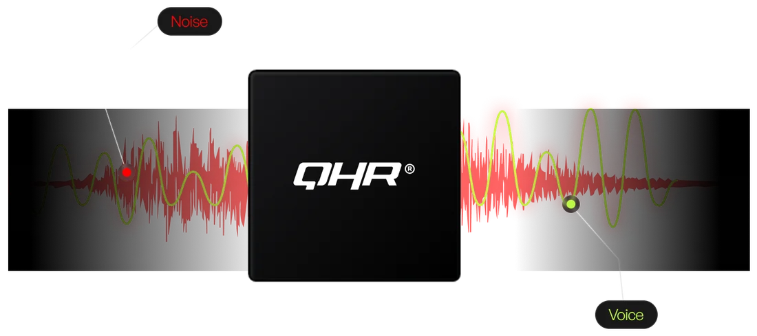 Noise and voice entering the QHR chip, with clean voice coming out