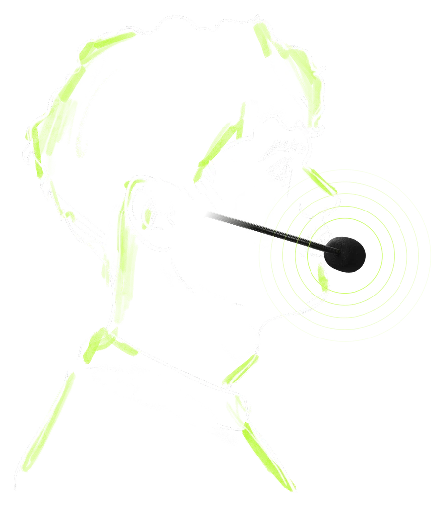 Line drawing of a person speaking into a QHR boom mic
